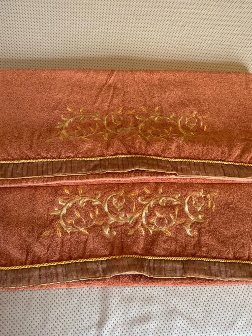 TWO Vintage Avanti Rust Orange Bath Towels with Gold Embroidered Scroll
